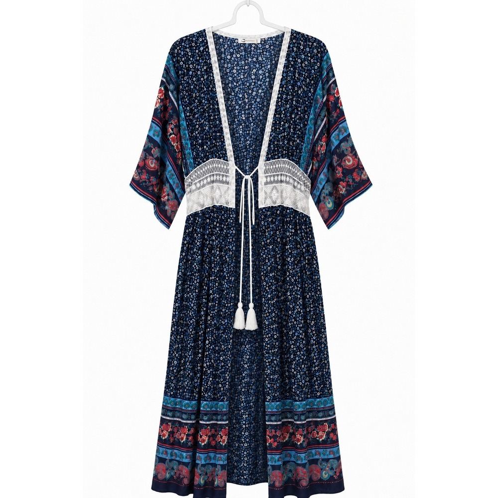 Cupshe Navy Blue Floral Paisley Kimono Maxi Dress Lace Trim Tie Waist Cover Up M